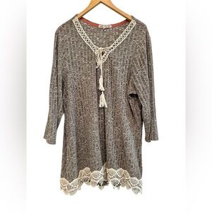 Jolt Boho Lace Shirt Top Knit V-Neck Ribbed Lacey Hem Sz. 2X